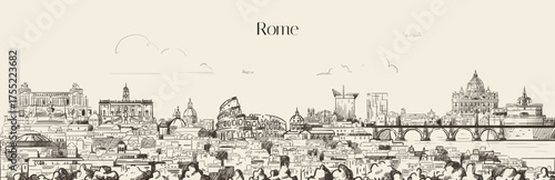 Rome skyline. Artistic sketchy hand drawn vector illustration on a soft brown background