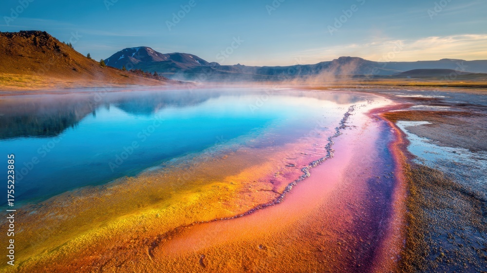 Naklejka premium Colorful hot springs create a stunning landscape at park during sunrise.