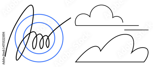 Minimalist black cloud outlines paired with a swirling line design and concentric blue circles. Ideal for creativity, innovation, simplicity, weather, nature, communication, and abstract expression