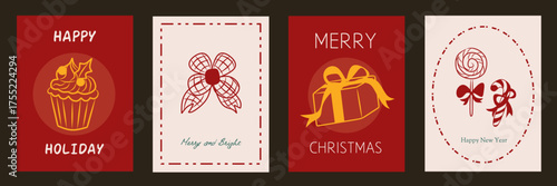 Wallpaper Mural Christmas card designs set. Modern winter template cute hand drawn vector flat elements. Vintage italian whimsical style for greeting, poster, label, tag, packaging branding. Green and red background. Torontodigital.ca
