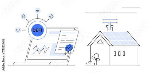 Digital laptop with DEFI smart contract and renewable energy data, modern home with solar panels. Ideal for finance, energy, technology, sustainability, innovation, blockchain clean energy. Simple