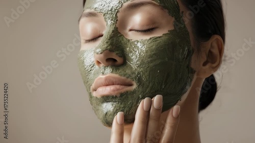 Young Woman Portrait with Green Clay Facial Mask and Beige Background