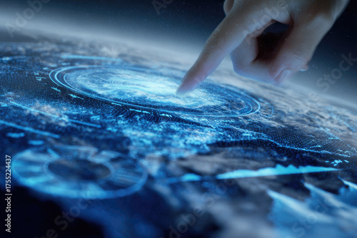 Futuristic hand touching digital interface on glowing earth advanced technology artificial intelligence climate data innovation global connection blue light science
