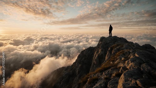 Silhouette of Lone Person Standing Atop Rocky Peak Overlooking Soft White Clouds at Golden Hour with Dramatic Lighting