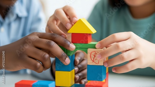 Childhood Construction Project: Two diverse children collaborate, carefully stacking colorful wooden building blocks, constructing a tower with shared focus and playful creativity.