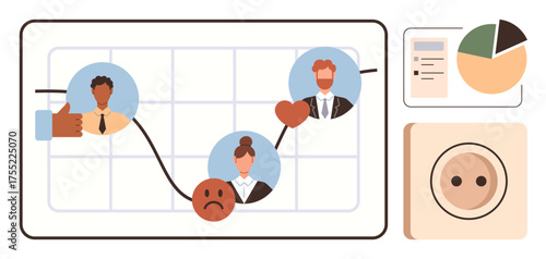 Graph with emotional icons tracking progress between characters, pie chart, document, and plug elements. Ideal for team dynamics, emotional analysis, data-driven insights, business strategy