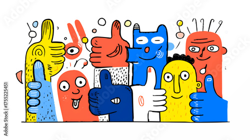 Colorful cartoon characters giving thumbs up with playful expressions.