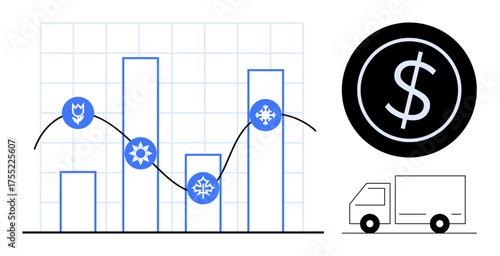 Bar graph with seasonal icons, line graph overlay, truck, and money sign indicating financial growth. Ideal for business, finance, logistics, supply chain analysis sales marketing. Simple flat
