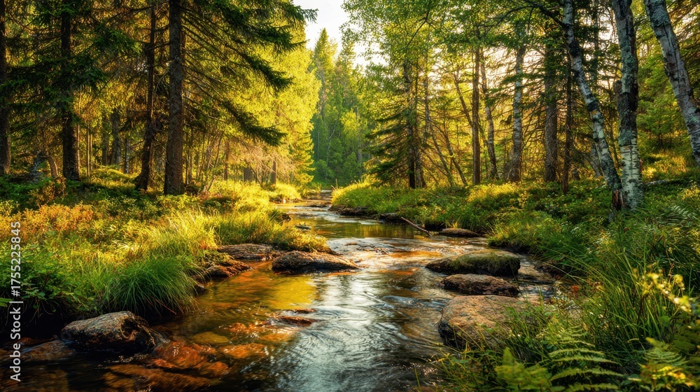 Obraz premium A gentle stream winds through a vibrant forest bathed in warm sunlight and surrounded by greenery.