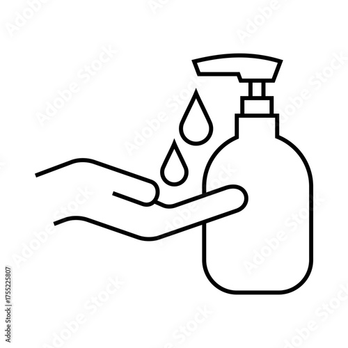 Minimalist black outline icon of a hand sanitizer bottle and hand with droplets, representing hygiene, disinfection, and health care.