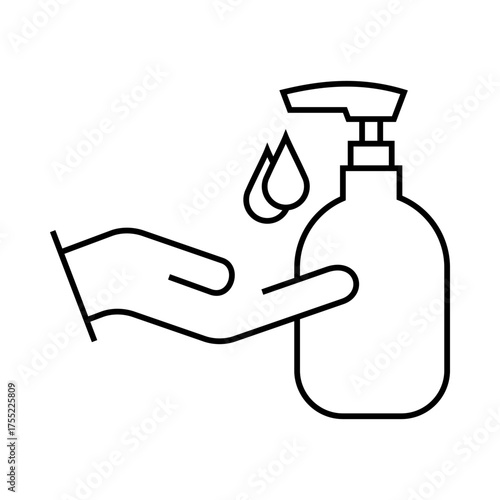 Clean black outline illustration of a hand sanitizer bottle dispensing liquid onto a hand, isolated on white background, ideal for hygiene, health, or safety design use.