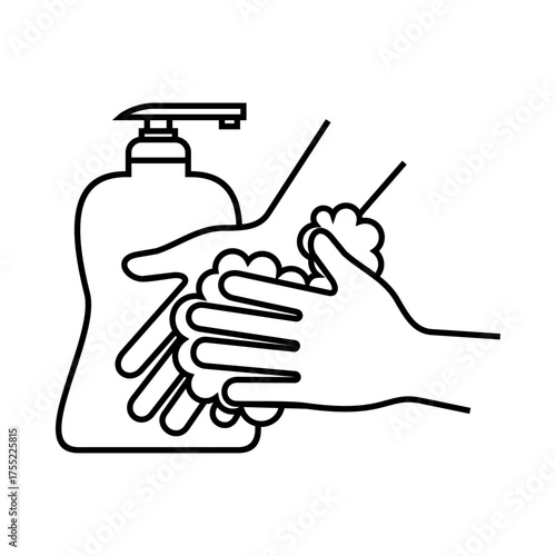 Black and white outline illustration of hands washing with soap and bubbles beside a pump bottle, symbolizing hygiene and cleanliness.