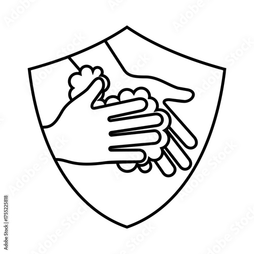 Clean black outline icon showing two hands with soap foam inside a shield, symbolizing hygiene, cleanliness, and health protection.