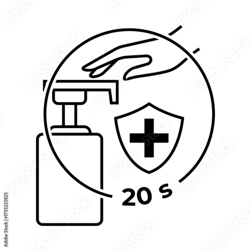 Black and white line art illustration of a hand using sanitizer pump bottle with a shield and medical cross, emphasizing hygiene and 20 seconds usage.