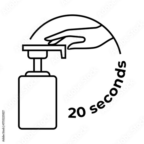 Black and white line illustration of a hand pressing a sanitizer pump bottle with text "20 seconds," representing hygiene and hand disinfection.