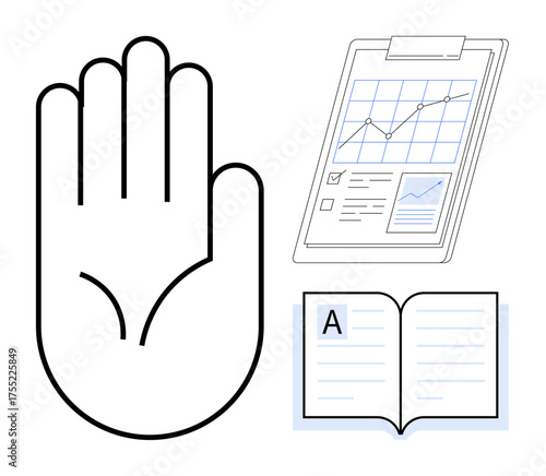 Open hand outlines gesture beside clipboard with charts and open book. Ideal for learning, data sharing, teamwork, education, progress, decision-making, gestures, simple flat metaphor
