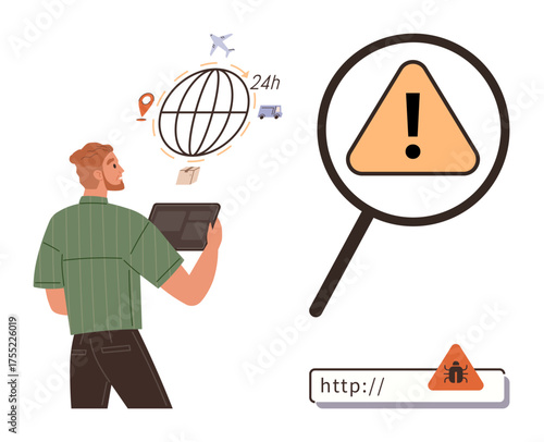 Man using tablet to manage logistics and global tracking. Magnifying glass with warning sign and error on website emphasize cybersecurity risks. Ideal for logistics, IT, web safety, digital