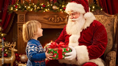 Magical Moment Santa Claus Giving a Wrapped Christmas Gift to a Happy Young Child