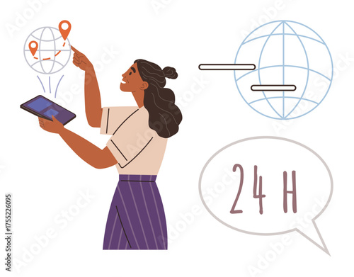 Woman holding tablet pointing at geolocation markers linked to a globe, speech bubble displaying 24H. Ideal for navigation, technology, global reach, customer service, logistics, connectivity, time