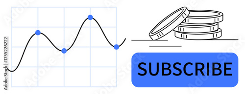 Line graph with data points, stacked coins, and a subscribe button. Ideal for finance, investment, analytics, e-commerce, subscription model, profit tracking modern economy in a simple flat metaphor