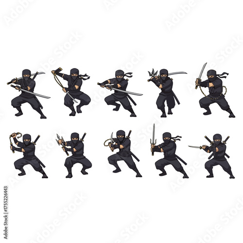 Set of ten ninja warrior figures in various combat poses with weapons.