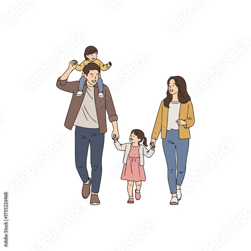 A happy family of four walking together in a simple illustration.