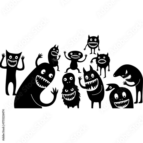 A whimsical collection of black cartoon monster silhouettes with toothy grins.