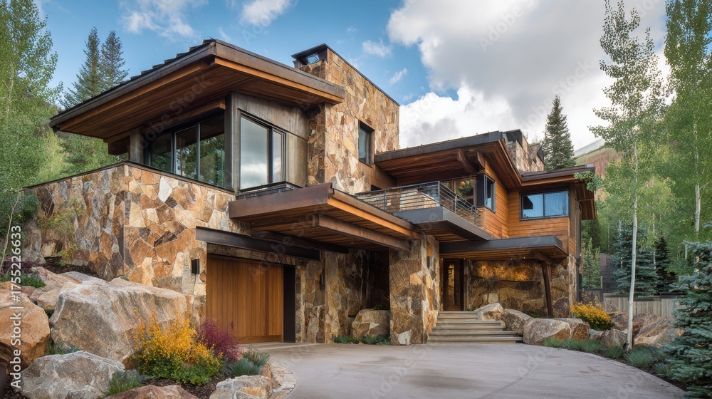 Naklejka premium A stunning mountain house showcases a mix of stone and wood architecture with colorful flowers nearby.
