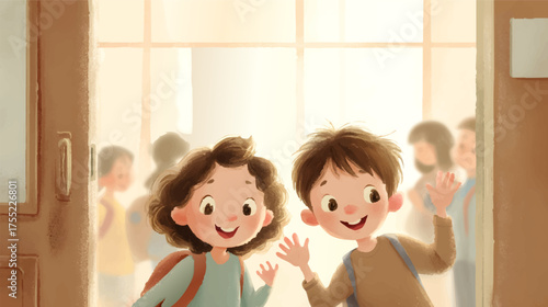Two cheerful children, a boy and a girl, standing in a doorway, waving at each other, bright and warm lighting, backpacks, school setting