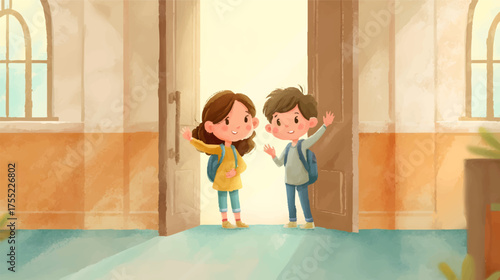 Two cheerful children, a boy and a girl, standing in a doorway, waving at each other, bright and warm lighting, backpacks, school setting