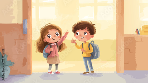 Two cheerful children, a boy and a girl, standing in a doorway, waving at each other, bright and warm lighting, backpacks, school setting