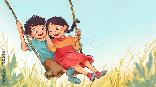 Two cheerful children, a boy and a girl, walking hand in hand through a lush green landscape, smiling and enjoying their time together