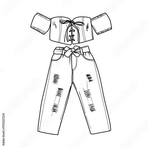 A detailed black and white line art illustration of a trendy womens outfit, featuring an off-shoulder lace-up crop top and distressed ripped jeans with a tie-waist.