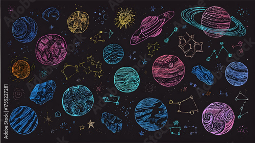 A colorful illustration of planets, stars, and constellations on a dark background, featuring various celestial bodies in vibrant hues