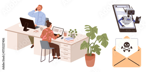 Office workers managing daily tasks at desks, hacker robot appearing on mobile device, and malware email alert. Ideal for workplace security, IT risks, cybercrime, digital safety, AI ethics, threat