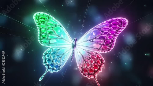 Vibrant Neon Butterfly with Glowing Wings in a Dreamy Night Sky.