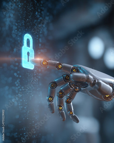 Futuristic robotic hand touch glowing digital padlock advance cybersecurity artificial intelligence protection.