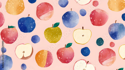 A colorful pattern featuring various fruits including watermelon, pears, lemons, and strawberries, surrounded by green leaves on a light background