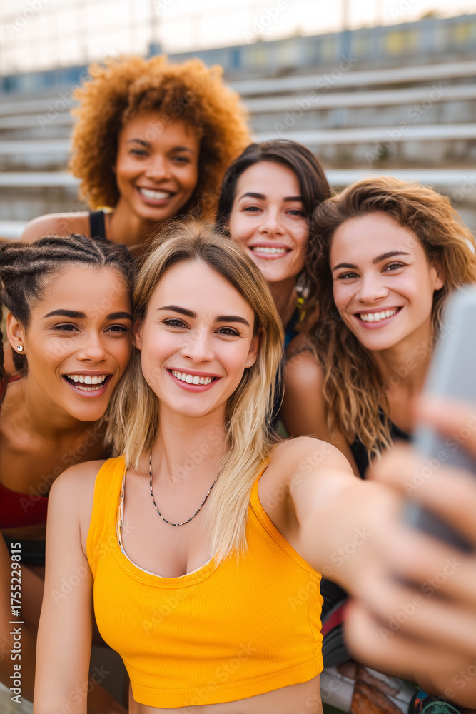 Fototapeta premium Happy diverse friends taking selfie on smartphone on sports ground