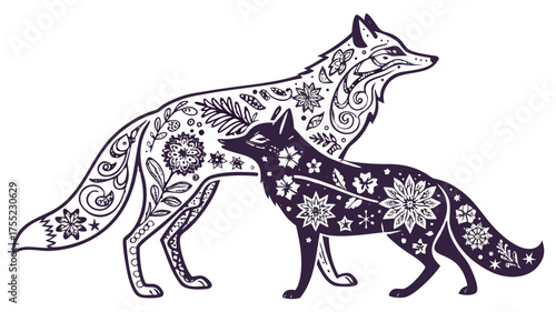 Vector Illustration of a Decorative Fox Pair, Stylized Floral Winter Patterns, Christmas Creature Silhouette for Holiday Design, winter-themed patterns like snowflakes, floral, scroll and stars,