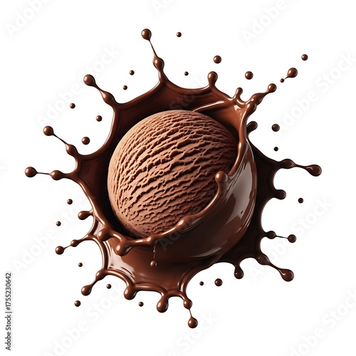 Chocolate ice cream scoop splashing in liquid chocolate 1