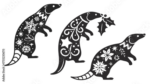 Decorative Christmas Weasels with Winter Holiday Patterns Silhouette, distinct Christmas and winter patterns. One holds a sprig of holly, perfect for holiday greetings and seasonal decor