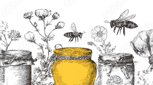 A jar of honey surrounded by various flowers and bees, showcasing a natural and organic theme