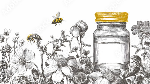 A jar of honey surrounded by various flowers and bees, showcasing a natural and organic theme