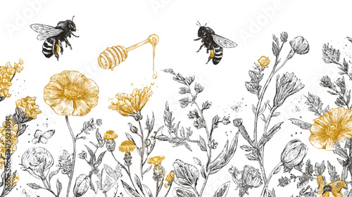 A jar of honey surrounded by various flowers and bees, showcasing a natural and organic theme