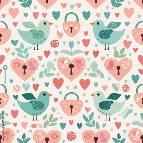 Lovebird Lock Pattern — cute Valentine vector design with birds, heart locks, foliage, and pastel decorative elements