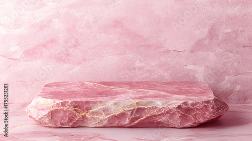 Round pink marble pedestal for displaying products.