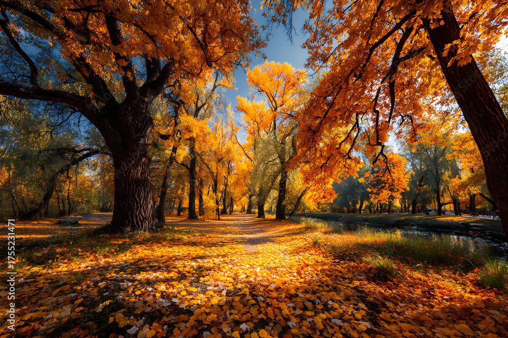 Fototapeta premium Beautiful bright colorful autumn landscape with a carpet of yellow leaves. Natural park with autumn trees on a bright sunny day.