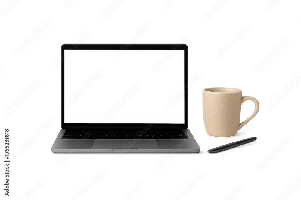 Fototapeta premium Laptop mockup with coffee mug and pen on transparent background