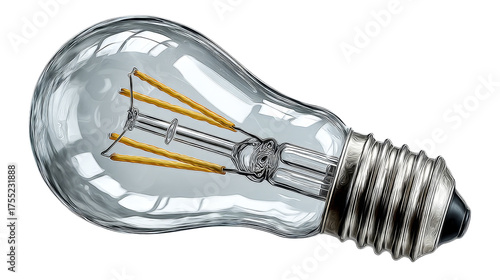 Wallpaper Mural A clear glass LED light bulb with filament-like elements and a metallic screw base rests on a white background. Torontodigital.ca